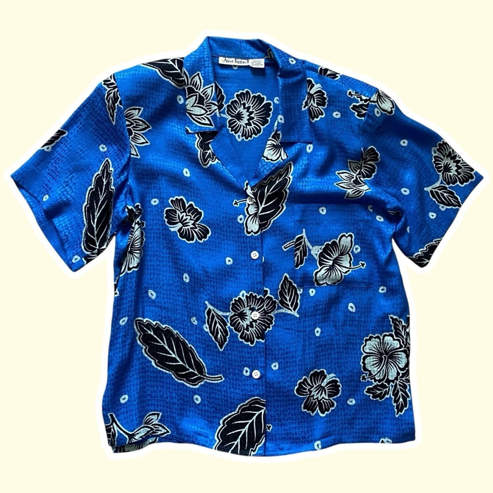VTG ~ 1980s ~ Anne Klein II ~ Cobalt Blue Hawaiian Button Down Shirt ~ Size 10